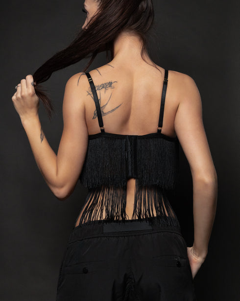 NØIRTEK – “NIGHTFALL SHIVER” Fringe Mesh Bodysuit